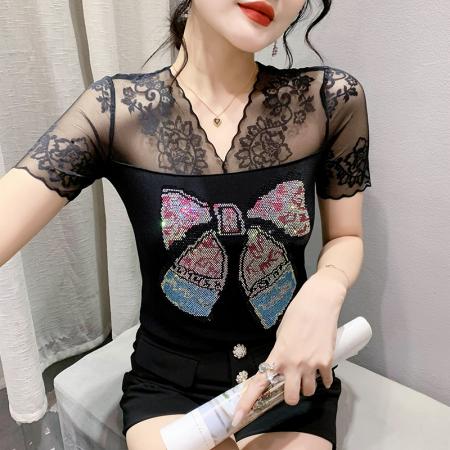 BY18747# 性感透视蕾丝镶钻双层冰丝网纱短袖气质女上衣百搭潮款 服裝批發女裝批發服飾貨源