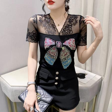 BY18747# 性感透视蕾丝镶钻双层冰丝网纱短袖气质女上衣百搭潮款 服裝批發女裝批發服飾貨源