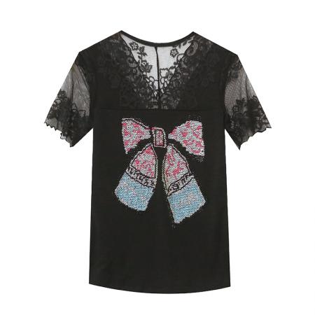 BY18747# 性感透视蕾丝镶钻双层冰丝网纱短袖气质女上衣百搭潮款 服裝批發女裝批發服飾貨源