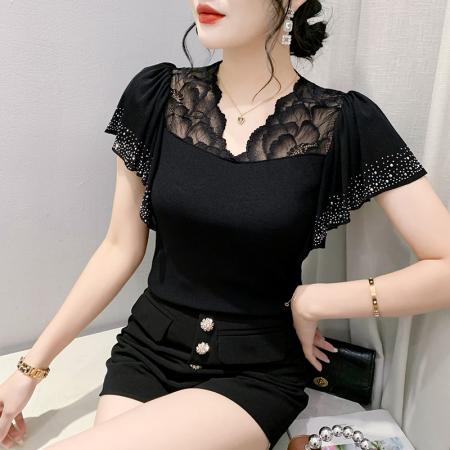 BY18748# 夏季新款性感镂空蕾丝重工艺烫钻双层网荷叶边袖上衣女潮 服裝批發女裝批發服飾貨源