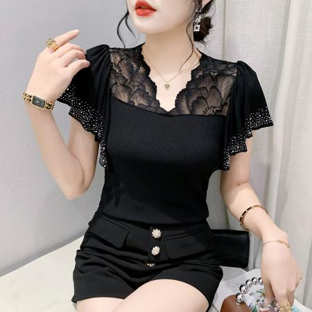 BY18748# 夏季新款性感镂空蕾丝重工艺烫钻双层网荷叶边袖上衣女潮 服裝批發女裝批發服飾貨源