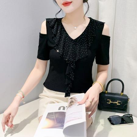 BY18749# 夏季韩版新款漏肩荷叶边镶钻设计感百搭女短袖上衣小衫 服裝批發女裝批發服飾貨源