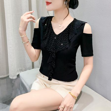 BY18749# 夏季韩版新款漏肩荷叶边镶钻设计感百搭女短袖上衣小衫 服裝批發女裝批發服飾貨源