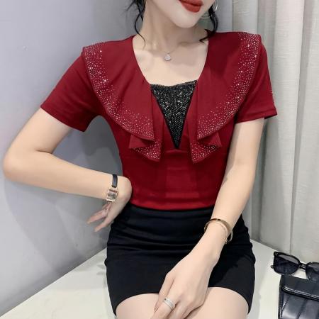 BY18750# 时尚设计感镶钻V领短袖T恤女夏季新款气质修身显瘦百搭上衣 服裝批發女裝批發服飾貨源