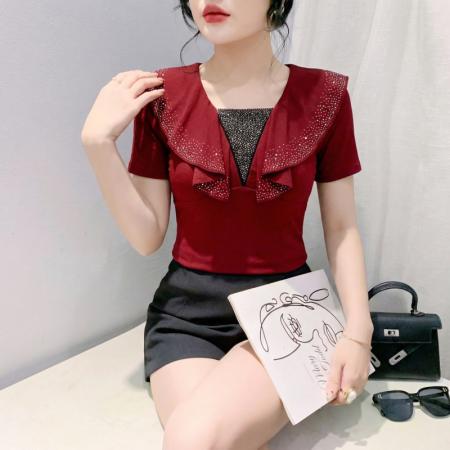 BY18750# 时尚设计感镶钻V领短袖T恤女夏季新款气质修身显瘦百搭上衣 服裝批發女裝批發服飾貨源