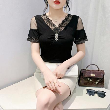 BY18752# 夏季女装新品性感V领蕾丝拼接镶钻显瘦短袖T恤上衣 服裝批發女裝批發服飾貨源