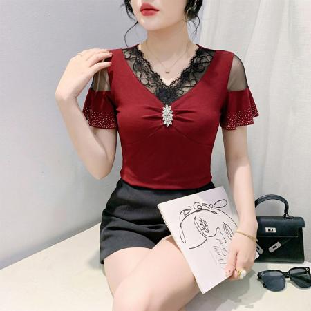 BY18752# 夏季女装新品性感V领蕾丝拼接镶钻显瘦短袖T恤上衣 服裝批發女裝批發服飾貨源