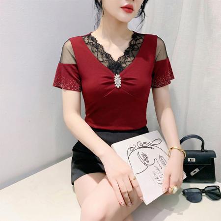 BY18752# 夏季女装新品性感V领蕾丝拼接镶钻显瘦短袖T恤上衣 服裝批發女裝批發服飾貨源