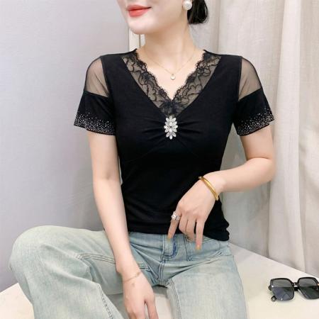 BY18752# 夏季女装新品性感V领蕾丝拼接镶钻显瘦短袖T恤上衣 服裝批發女裝批發服飾貨源
