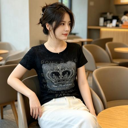 BY18755# 夏季新款正肩圆领印花烫钻短袖女收腰时尚百搭爆款上衣潮 服裝批發女裝批發服飾貨源