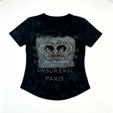 BY18755# 夏季新款正肩圆领印花烫钻短袖女收腰时尚百搭爆款上衣潮 服裝批發女裝批發服飾貨源