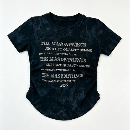 BY18756# 夏季新款正肩圆领烫钻短袖女收腰时尚百搭爆款上衣潮 服裝批發女裝批發服飾貨源