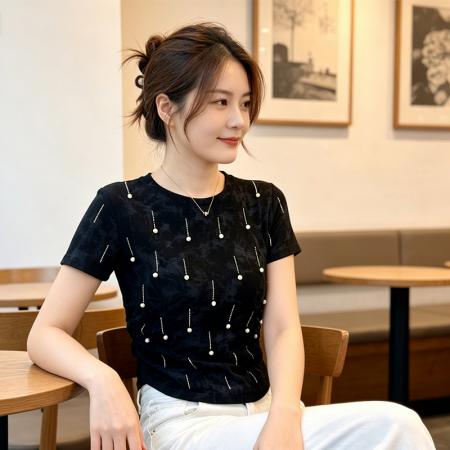 BY18757# 夏季新款正肩圆领烫钻短袖女收腰时尚百搭爆款上衣潮 服裝批發女裝批發服飾貨源