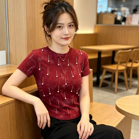 BY18757# 夏季新款正肩圆领烫钻短袖女收腰时尚百搭爆款上衣潮 服裝批發女裝批發服飾貨源