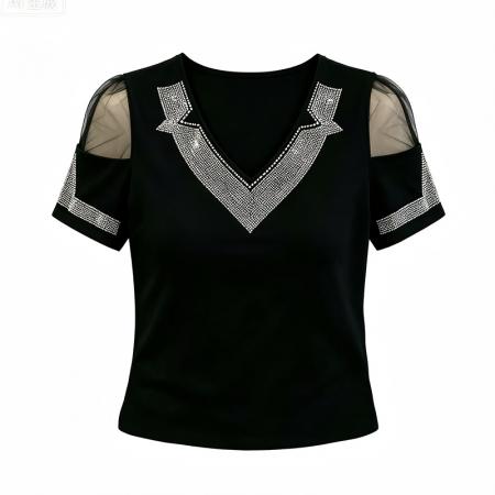 BY18758# V领烫钻短袖T恤女夏季新款网纱露肩设计感小众修身上衣 服裝批發女裝批發服飾貨源