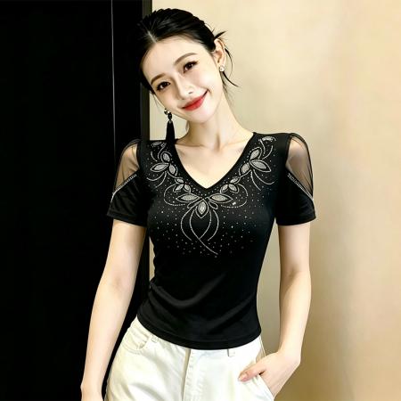 BY18759# V领烫钻短袖T恤女夏季新款网纱露肩设计感小众修身上衣 服裝批發女裝批發服飾貨源