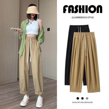 BY18761# 卡其色工装裤女秋夏高腰显瘦纯棉日系宽松萝卜裤休闲直筒裤阔腿裤 服裝批發女裝批發服飾貨源