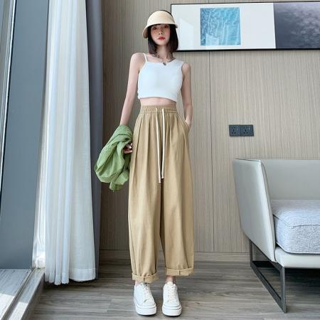 BY18761# 卡其色工装裤女秋夏高腰显瘦纯棉日系宽松萝卜裤休闲直筒裤阔腿裤 服裝批發女裝批發服飾貨源