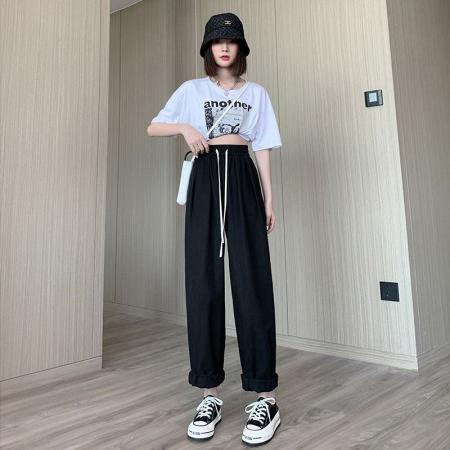 BY18761# 卡其色工装裤女秋夏高腰显瘦纯棉日系宽松萝卜裤休闲直筒裤阔腿裤 服裝批發女裝批發服飾貨源