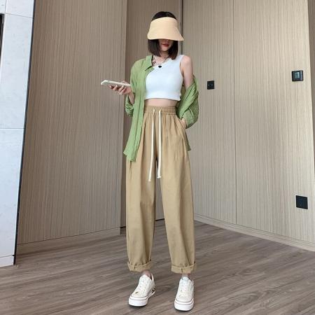 BY18761# 卡其色工装裤女秋夏高腰显瘦纯棉日系宽松萝卜裤休闲直筒裤阔腿裤 服裝批發女裝批發服飾貨源
