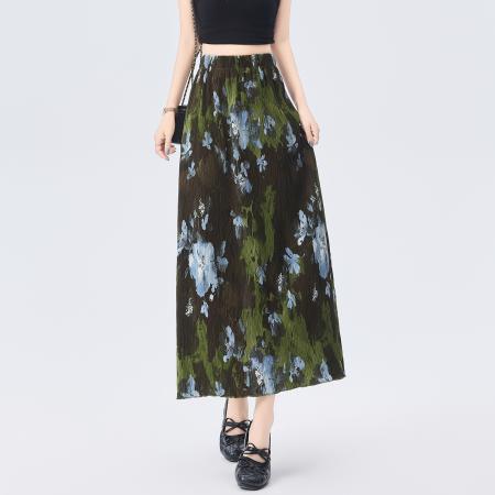 BY18764# 复古风晕染直筒半身裙女夏季新款松紧腰休闲百搭长裙子女 服裝批發女裝批發服飾貨源