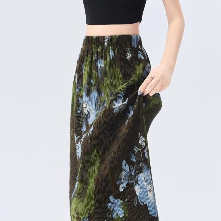 BY18764# 复古风晕染直筒半身裙女夏季新款松紧腰休闲百搭长裙子女 服裝批發女裝批發服飾貨源