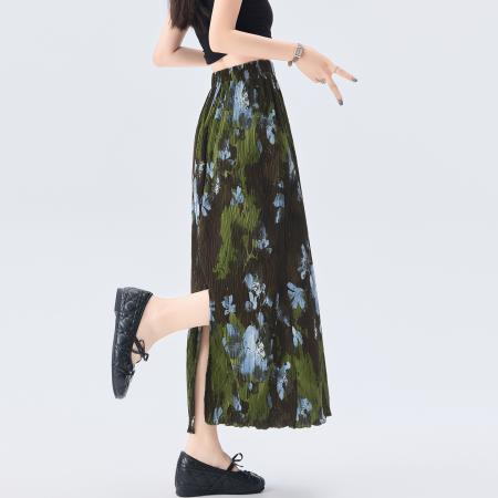 BY18764# 复古风晕染直筒半身裙女夏季新款松紧腰休闲百搭长裙子女 服裝批發女裝批發服飾貨源