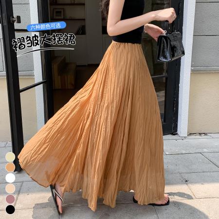 BY18765# 高腰a字半身长裙女夏新款气质显瘦大摆飘逸伞裙褶皱遮胯半裙 服裝批發女裝批發服飾貨源