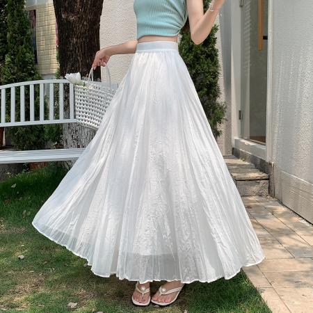 BY18765# 高腰a字半身长裙女夏新款气质显瘦大摆飘逸伞裙褶皱遮胯半裙 服裝批發女裝批發服飾貨源