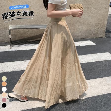 BY18765# 高腰a字半身长裙女夏新款气质显瘦大摆飘逸伞裙褶皱遮胯半裙 服裝批發女裝批發服飾貨源