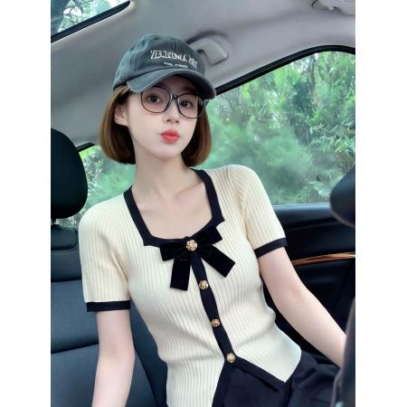 BY18767# 独特漂亮夏季上衣女新款法式气质小香风方领冰丝短袖针织T恤 服裝批發女裝批發服飾貨源