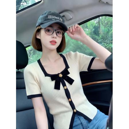 BY18767# 独特漂亮夏季上衣女新款法式气质小香风方领冰丝短袖针织T恤 服裝批發女裝批發服飾貨源