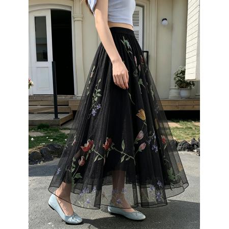 BY18769# 小清新碎花半身裙春夏新款中长款高腰减龄网纱A字百褶裙 服裝批發女裝批發服飾貨源