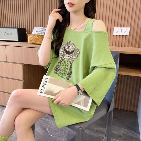 BY18770# 抖音质量/纯棉/设计感宽松露肩时尚短袖T 服裝批發女裝批發服飾貨源