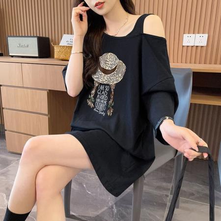 BY18770# 抖音质量/纯棉/设计感宽松露肩时尚短袖T 服裝批發女裝批發服飾貨源