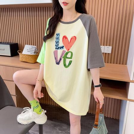 BY18773# 抖音质量/纯棉/后包领/宽松撞色中长款设计感短袖T 服裝批發女裝批發服飾貨源