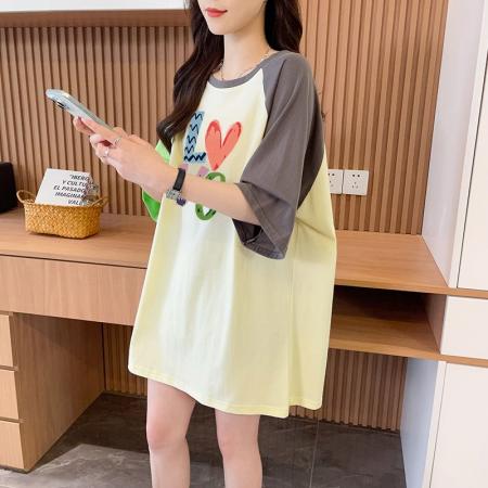 BY18773# 抖音质量/纯棉/后包领/宽松撞色中长款设计感短袖T 服裝批發女裝批發服飾貨源