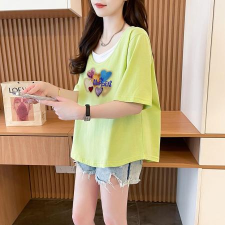 BY18776# 抖音质量/纯棉/后包领/宽松假两件撞色设计感短袖T 服裝批發女裝批發服飾貨源