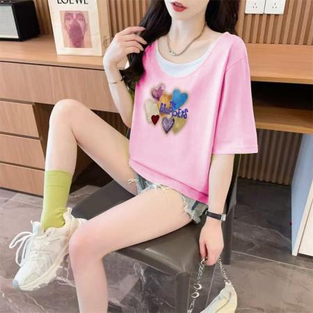 BY18776# 抖音质量/纯棉/后包领/宽松假两件撞色设计感短袖T 服裝批發女裝批發服飾貨源