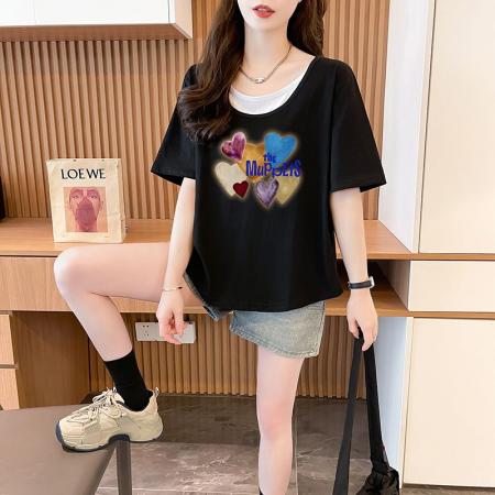 BY18776# 抖音质量/纯棉/后包领/宽松假两件撞色设计感短袖T 服裝批發女裝批發服飾貨源