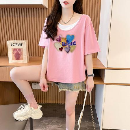 BY18776# 抖音质量/纯棉/后包领/宽松假两件撞色设计感短袖T 服裝批發女裝批發服飾貨源