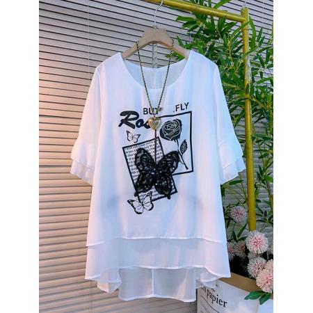 BY18778# 珠片+印花+珍珠雪纺布特大码200斤新款高档洋气打底衫 服裝批發女裝批發服飾貨源