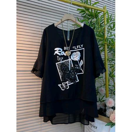 BY18778# 珠片+印花+珍珠雪纺布特大码200斤新款高档洋气打底衫 服裝批發女裝批發服飾貨源