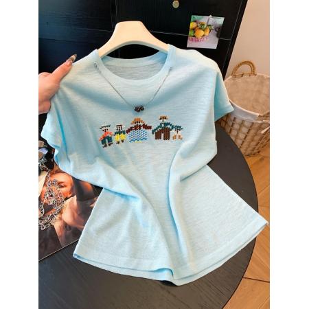 BY18780# 卡通风刺绣针织衫女装短袖圆领宽松透气夏季新款简约百搭上衣 服裝批發女裝批發服飾貨源