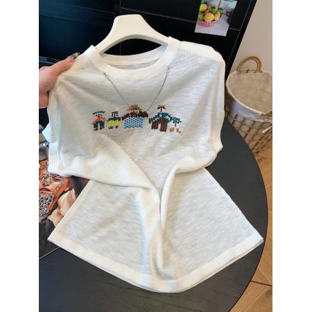 BY18780# 卡通风刺绣针织衫女装短袖圆领宽松透气夏季新款简约百搭上衣 服裝批發女裝批發服飾貨源