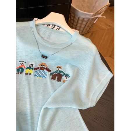 BY18780# 卡通风刺绣针织衫女装短袖圆领宽松透气夏季新款简约百搭上衣 服裝批發女裝批發服飾貨源