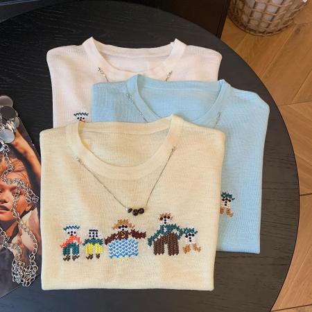 BY18780# 卡通风刺绣针织衫女装短袖圆领宽松透气夏季新款简约百搭上衣 服裝批發女裝批發服飾貨源