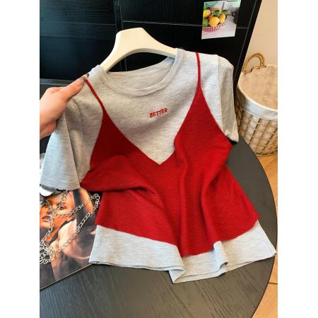 BY18782# 假两件红色吊带叠穿短袖T恤女新款夏季显瘦设计感正肩上衣 服裝批發女裝批發服飾貨源