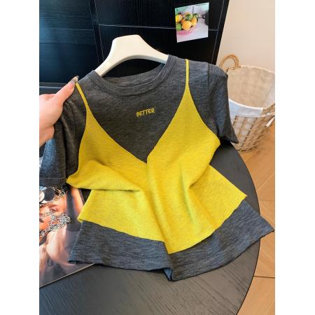 BY18782# 假两件红色吊带叠穿短袖T恤女新款夏季显瘦设计感正肩上衣 服裝批發女裝批發服飾貨源