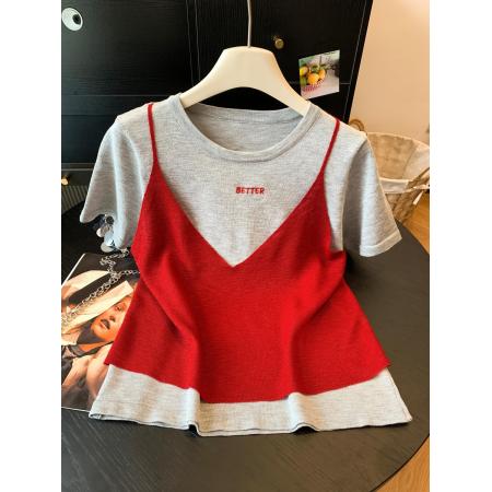 BY18782# 假两件红色吊带叠穿短袖T恤女新款夏季显瘦设计感正肩上衣 服裝批發女裝批發服飾貨源